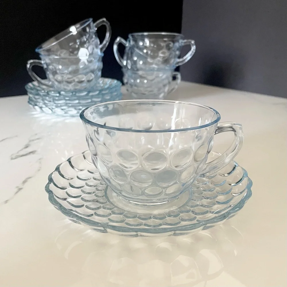 11 Piece SET - Blue Bubble Glass Cups & Saucers by Anchor Hocking